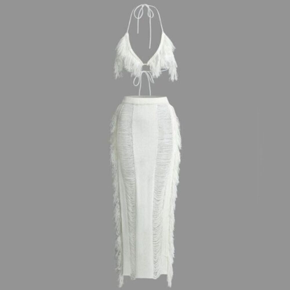 MICAS IVORY KNIT DISTRESSED MAXI SKIRT SET SMALL